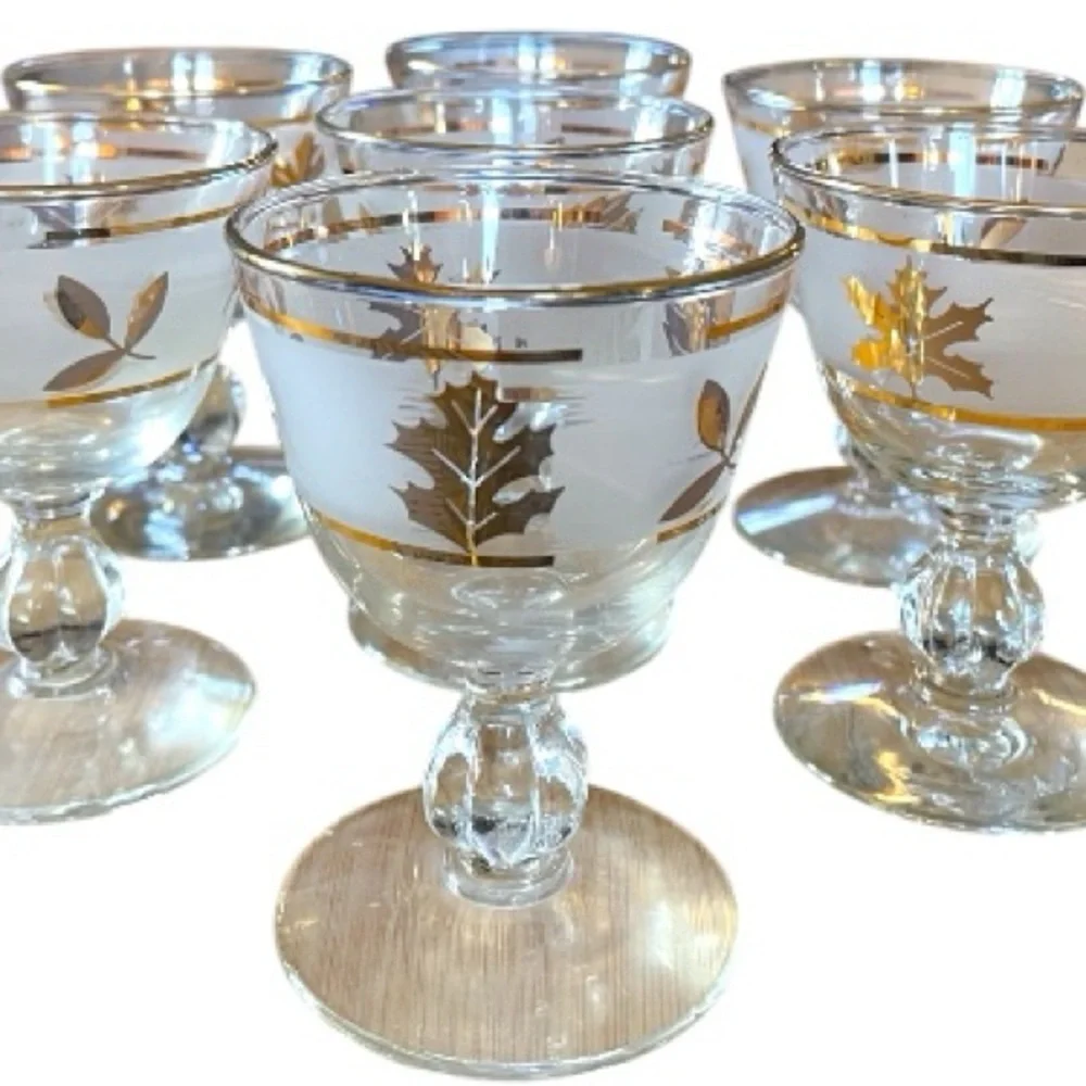 Libbey Golden Foliage champagne/cordial glasses, set of seven, vintage, frosted